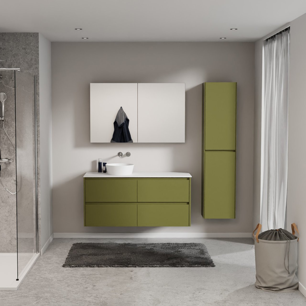 Storke Seda meuble salle de bains suspendu 130 x 52 cm vert olive avec Tavola tablette simple ou double en solid surface blanc mat