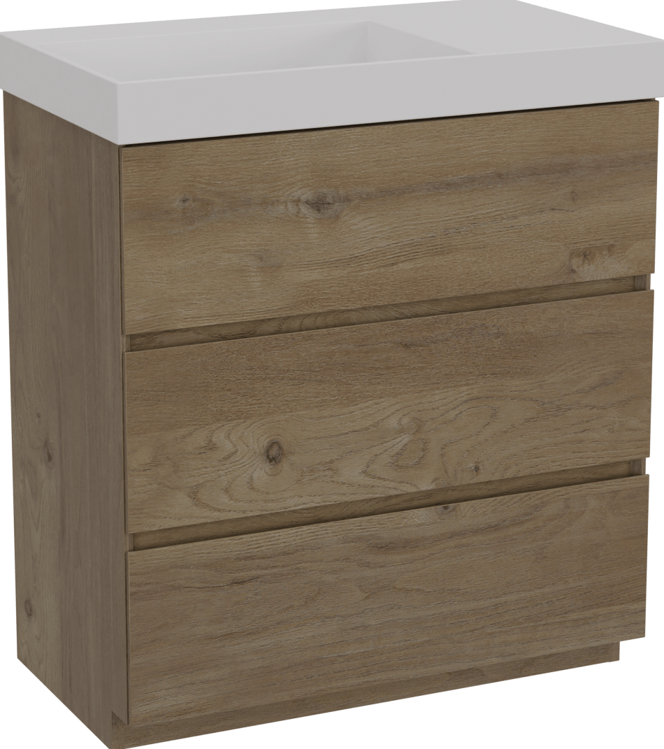 Storke Edge freistehendes Möbelstück Set: 80 x 46 cm, Rohe Eiche, mit Jura Waschtisch links, Solid Surface Weiß matt