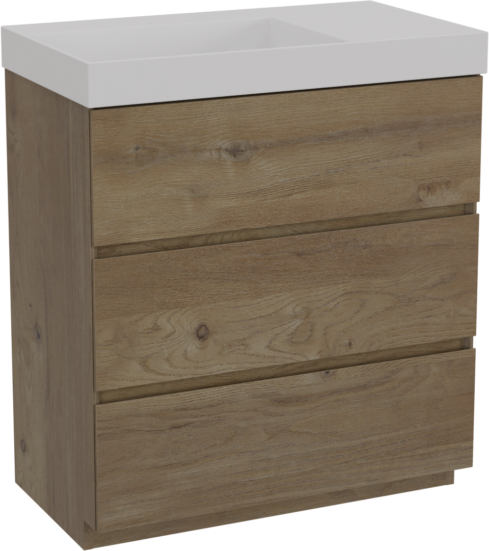 Storke Edge freistehendes Möbelstück Set: 80 x 46 cm, Rohe Eiche, mit Jura Waschtisch links, Solid Surface Weiß matt