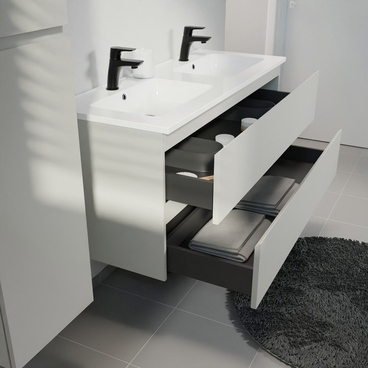 Linie Lado meuble salle de bains suspendu 120 x 46 cm greige avec Vano double vasque en marbre composite blanc brillant