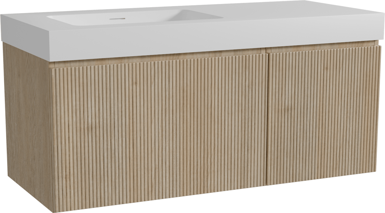 Storke Ribs hängendes Möbelstück Set: 120 x 52 cm, Rohe Eiche, mit Mata High Waschtisch links, Solid Surface, Weiß matt, Vertikale symmetrische gerade Rippe