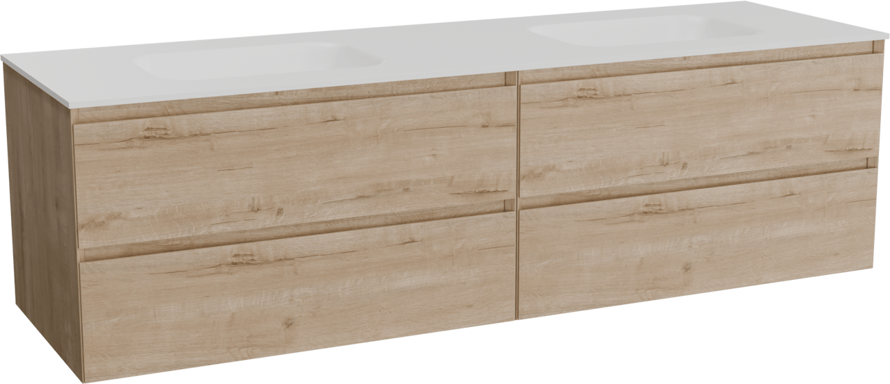 Balmani Mitra meuble salle de bains suspendu 180 x 55 cm chêne brut avec Tablo Arcato double vasque en solid surface blanc mat