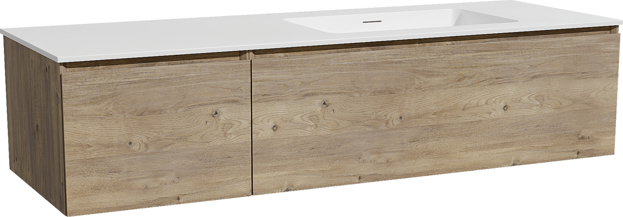 Storke Edge zwevend badmeubel 150 x 52 cm ruw eiken met Mata asymmetrisch rechtse wastafel in solid surface mat wit