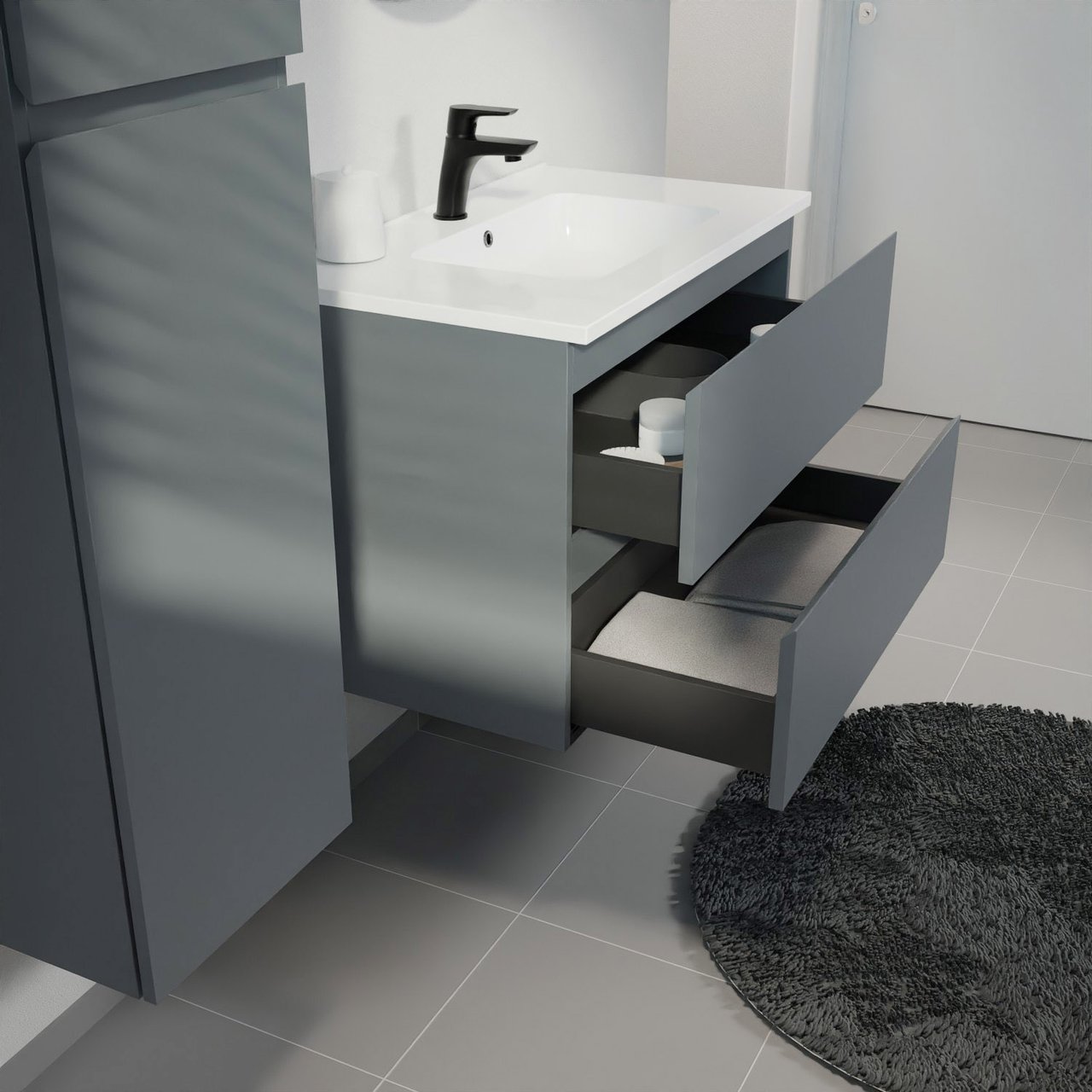 Linie Lado meuble salle de bains suspendu 80 x 46 cm bleu anthracite avec Vano plan simple en marbre composite blanc brillant