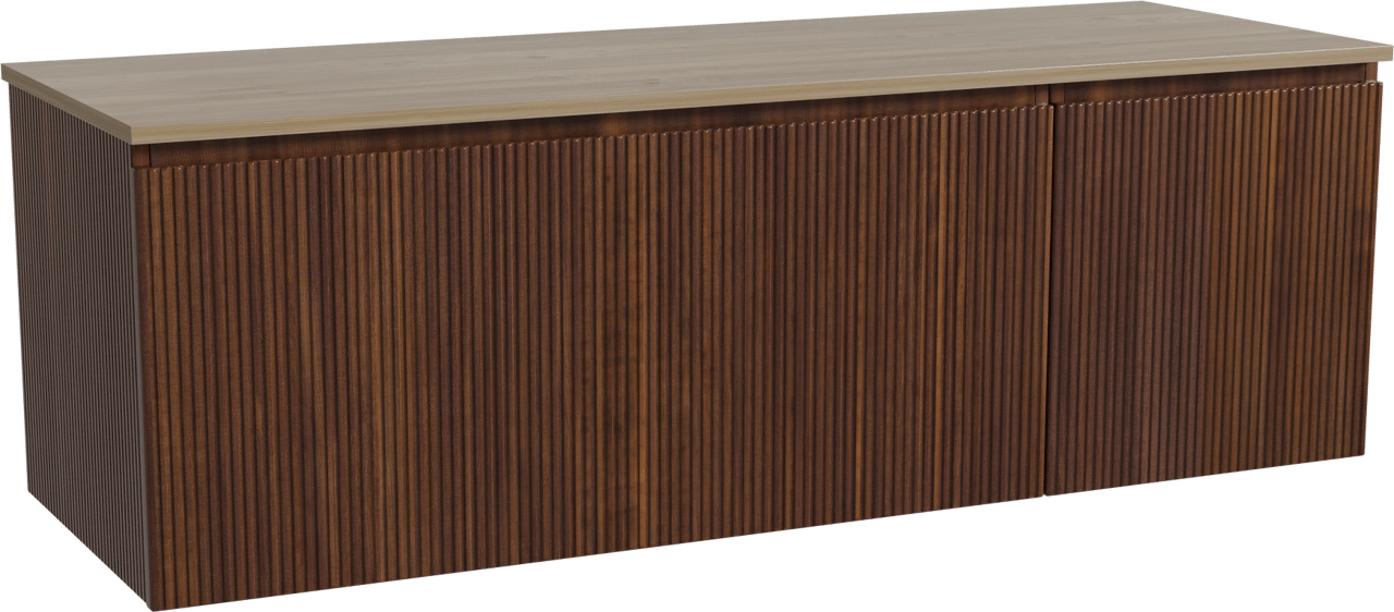 Storke Ribs zwevend badmeubel 150 x 52 cm notenhout met Panton enkel of dubbel wastafelblad in melamine ruw eiken, Verticale symmetrische rechte ribbel