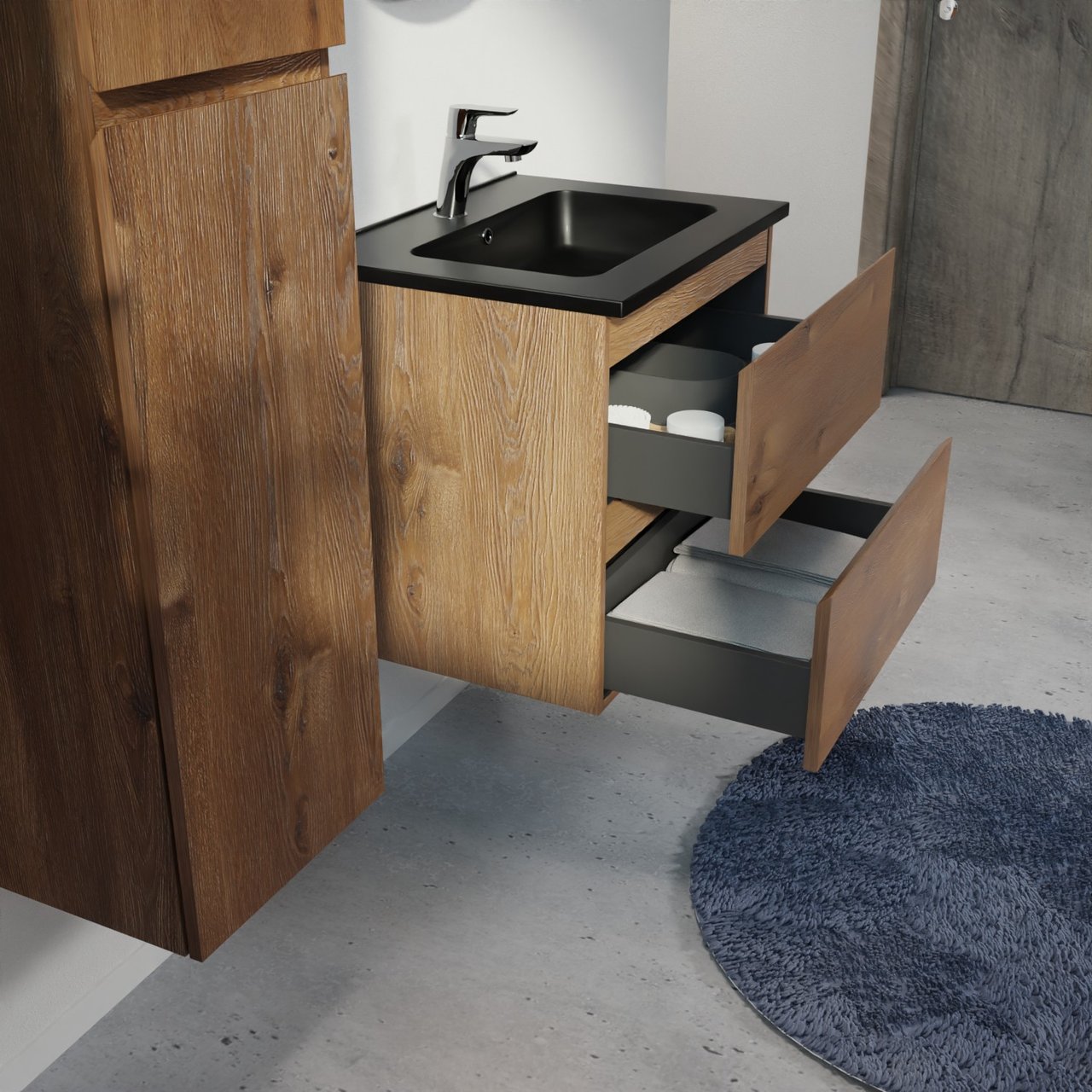 Linie Lado zwevend badmeubel 60 x 46 cm bruin eiken met Vano enkele wastafel in composietmarmer mat zwart