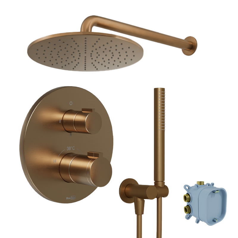 Blaufoss Smartbox Round inbouw regendoucheset thermostatische kraan Brushed Rosegold