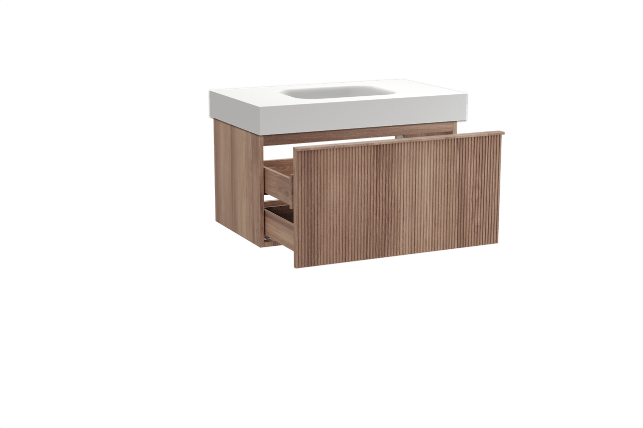 Balmani Forma hängendes Möbelstück Set: 90 x 55 cm, Teak, mit Arcato Einzelwaschtisch, Solid Surface, Weiß matt, Vertikale symmetrische gerade Rippe