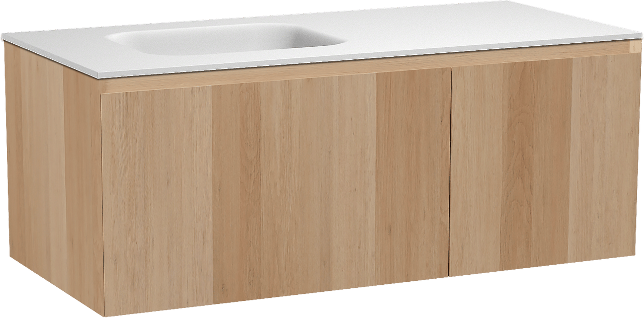 Balmani Idra meuble salle de bains suspendu 120 x 55 cm chêne naturel avec Tablo Arcato plan vasque asymétrique à gauche en solid surface blanc mat