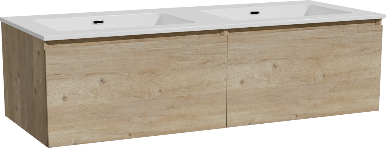 Storke Edge hängendes Möbelstück Set: 130 x 52 cm, Rohe Eiche, mit Diva Doppelwaschtisch, Marmorkomposit Weiß glänzend