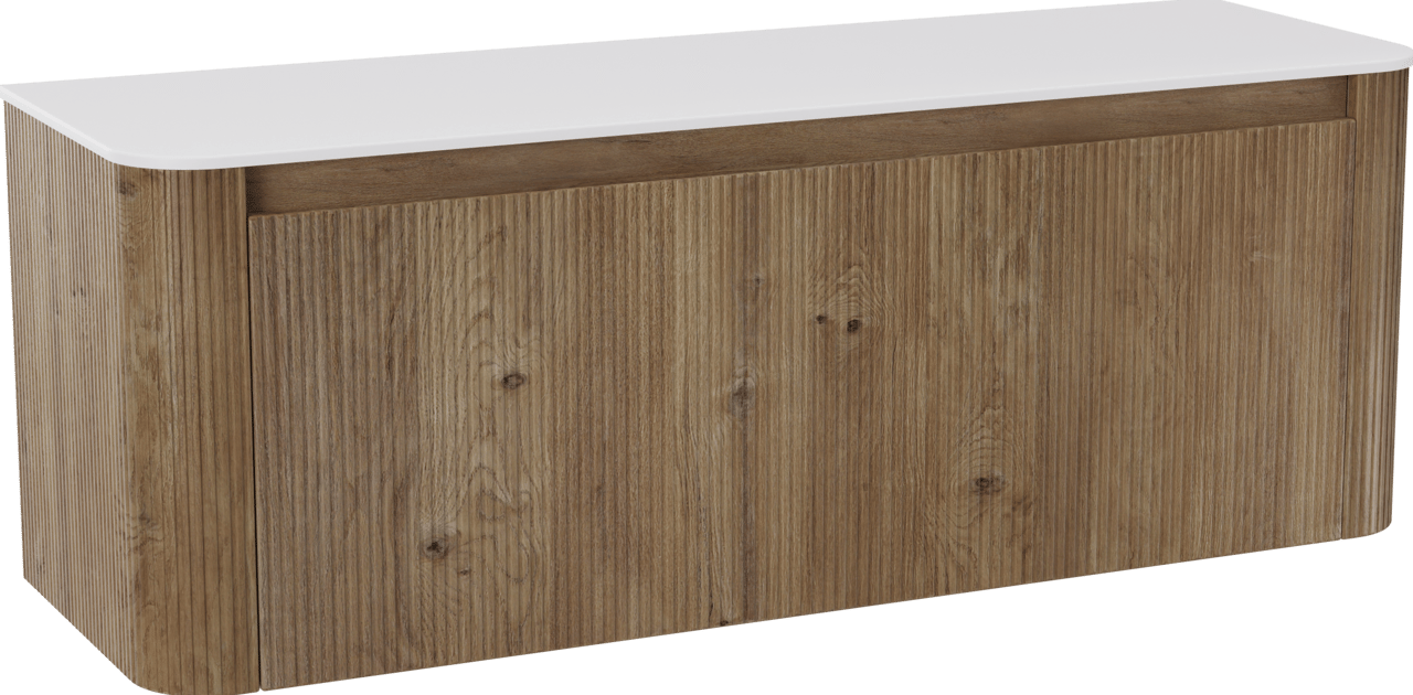 Storke Soft meuble salle de bains suspendu 140 x 46 cm chêne brut avec Tavola Soft tablette simple ou double vasque en Solid Surface blanc mat, Nervure droite symétrique verticale