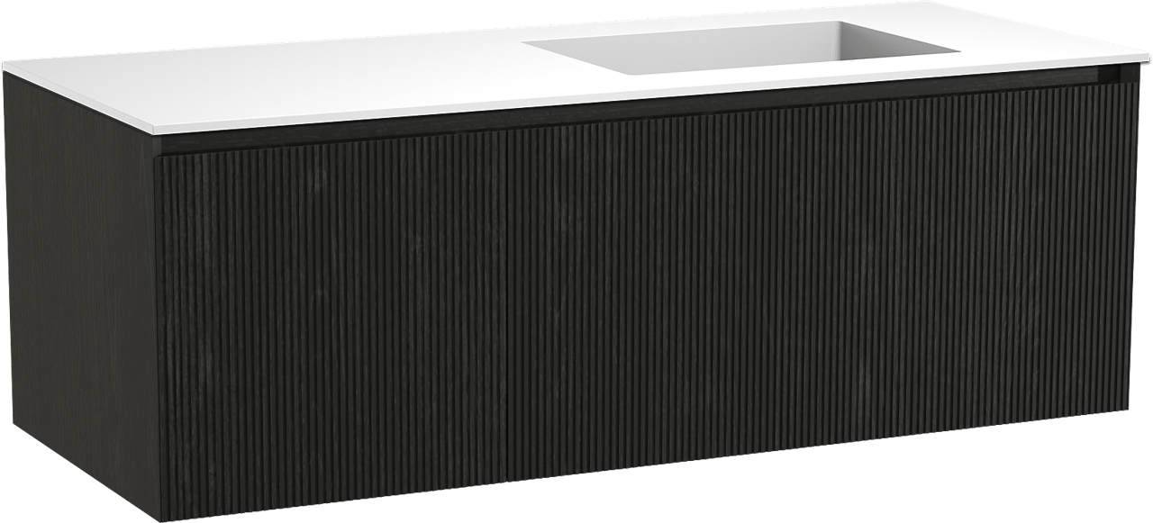 Balmani Fila zwevend badmeubel 135 x 55 cm zwart eiken met Tablo Stretto asymmetrisch rechtse wastafel in solid surface mat wit, Verticale symmetrische rechte ribbel