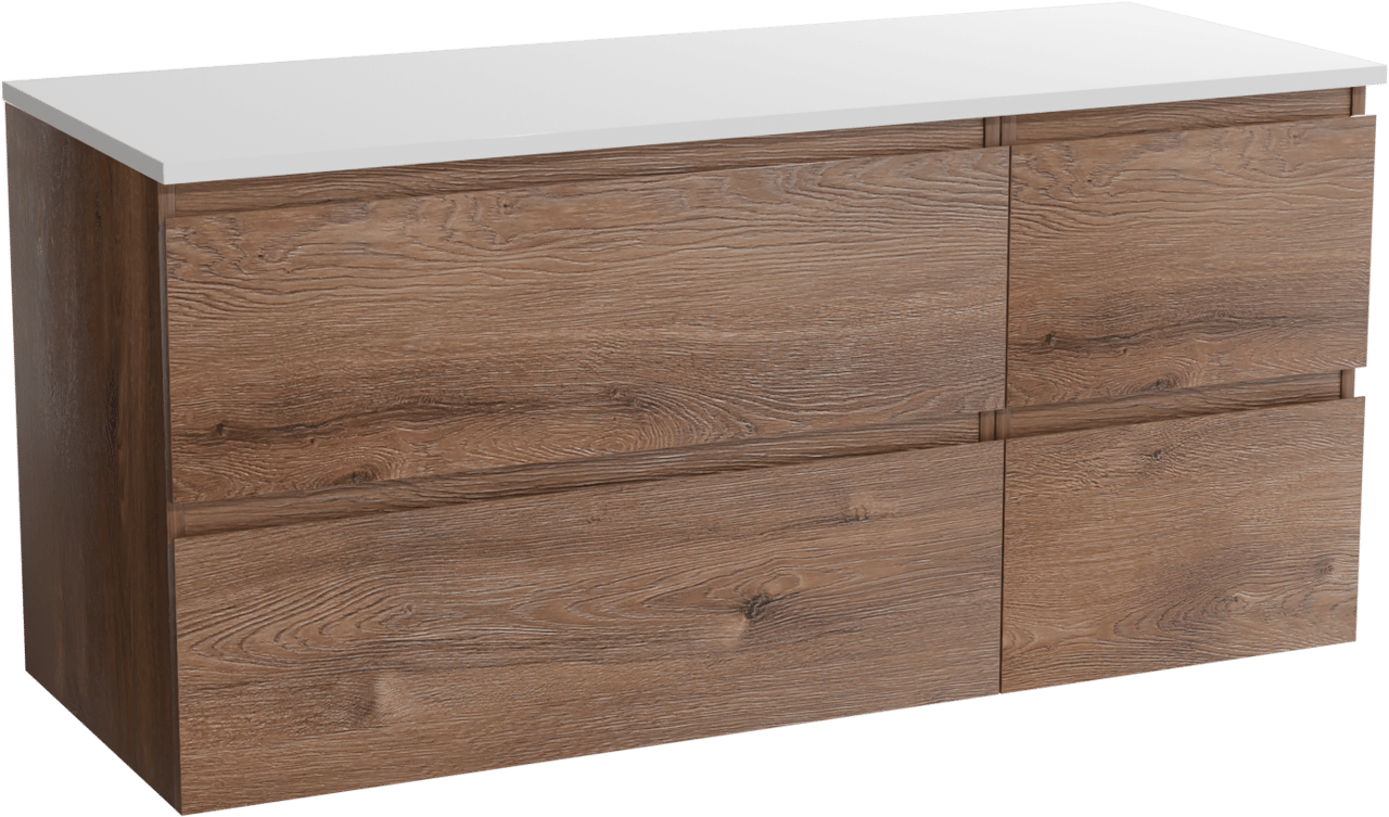 Linie Lado hängendes Möbelstück Set: 120 x 46 cm, Braune Eiche, mit Lado Doppel Waschtischplatte, Marmorkomposit Weiß matt