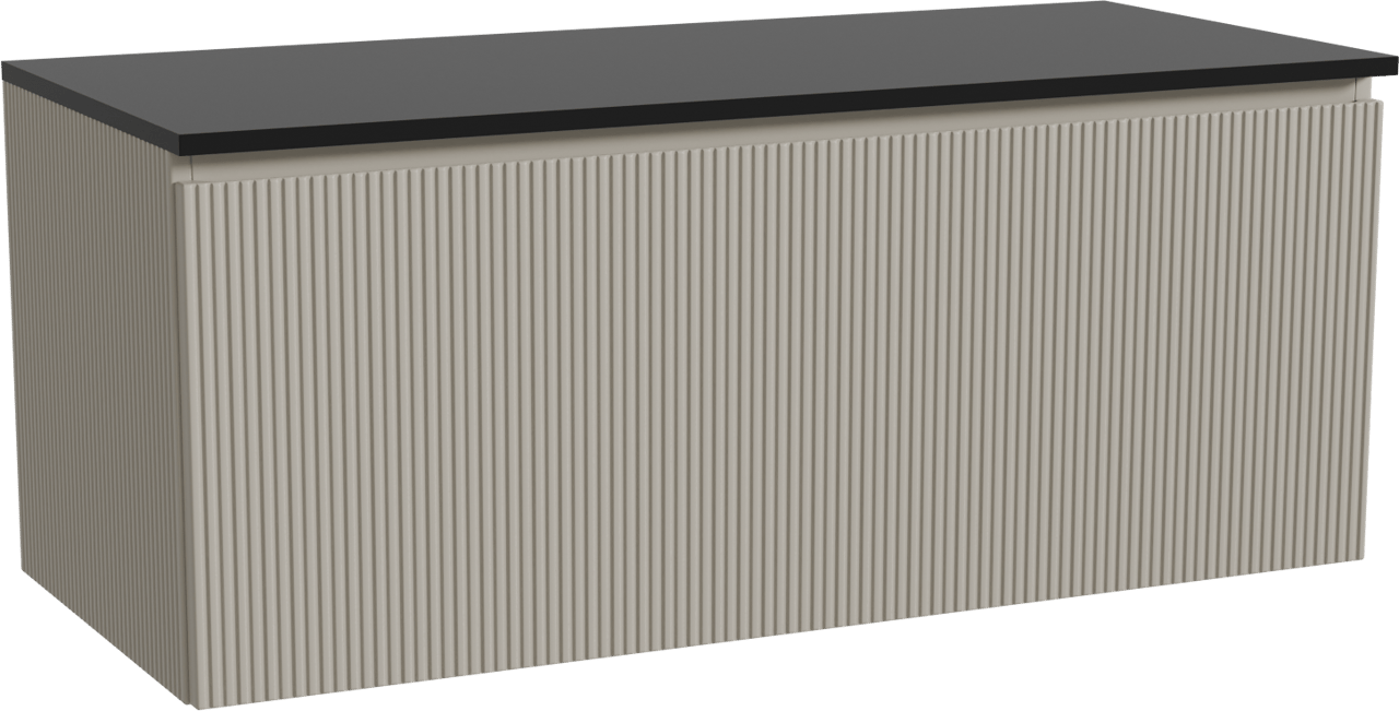 Storke Ribs zwevend badmeubel 120 x 52 cm zijdegrijs met Panton enkel of dubbel wastafelblad in gepoedercoate mdf mat zwart, Verticale symmetrische rechte ribbel