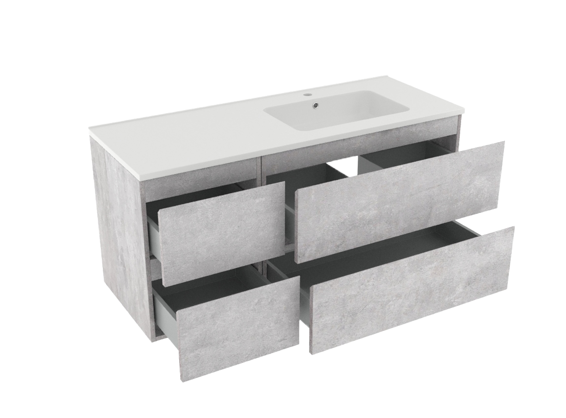 Linie Lado zwevend badmeubel 120 x 46 cm beton donkergrijs met Vano asymmetrisch rechtse wastafel in composietmarmer mat wit