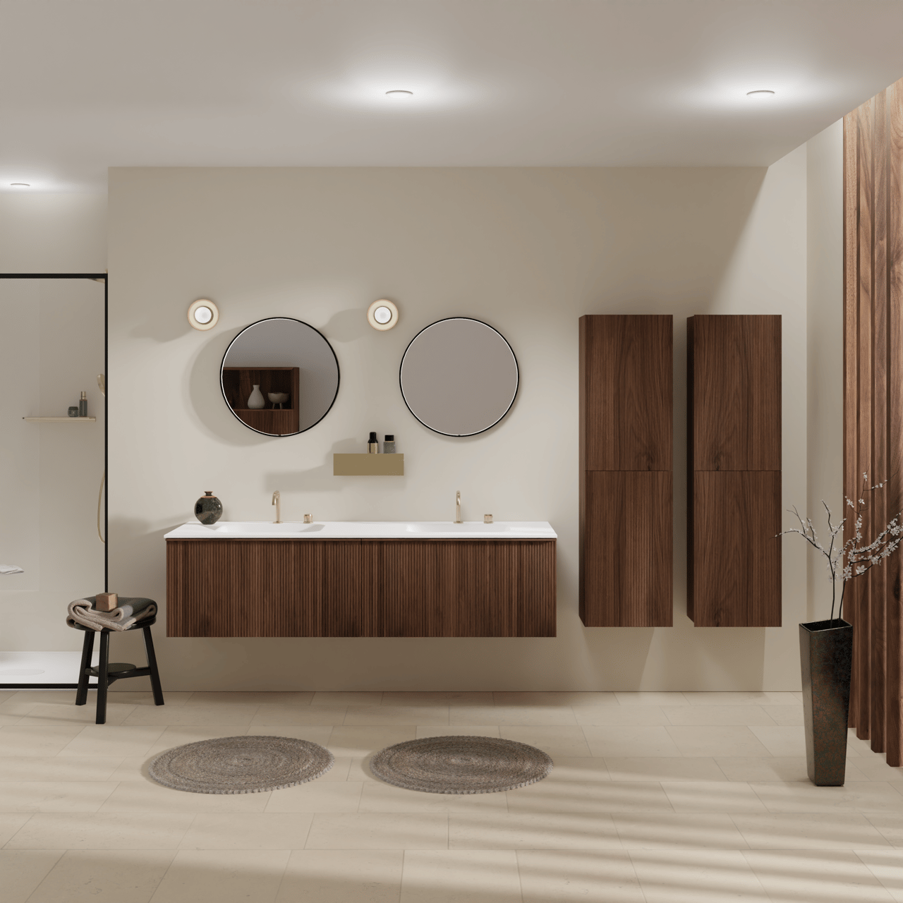 Balmani Forma zwevend badmeubel 180 x 55 cm amerikaans notenhout met Tablo Arcato dubbele wastafel in solid surface mat wit, Verticale symmetrische rechte ribbel