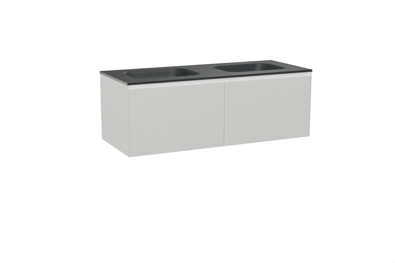 Balmani Fila zwevend badkamermeubel 135 x 55 cm mat wit met Tablo Arcato dubbele wastafel in graniet zwart, Verticale symmetrische rechte ribbel