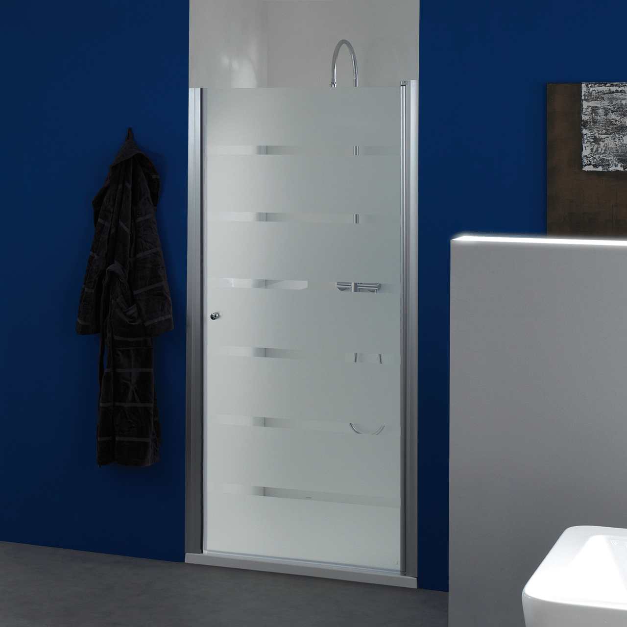 Luca Varess Cyrus porte pivotante 90 x 195 cm verre transparent à rayures profil aluminium mat 