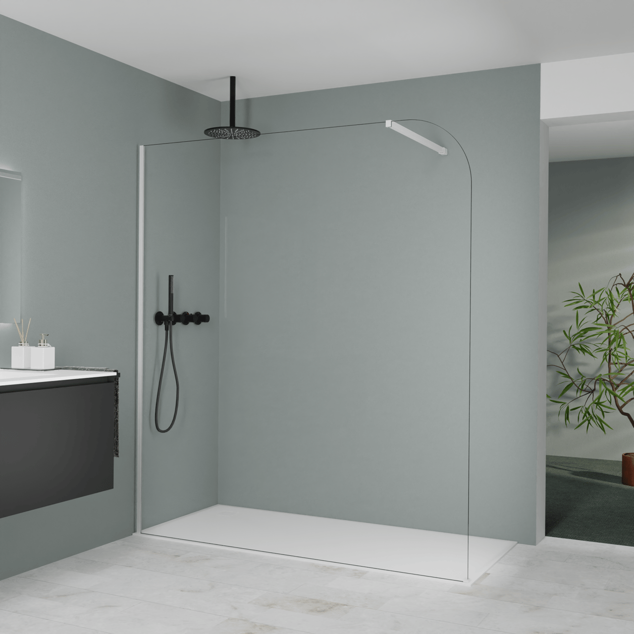 Balmani Modular douche à l'italienne: 180 x 200 cm, Verre transparent arrondi, avec coating, Profil Blanc mat