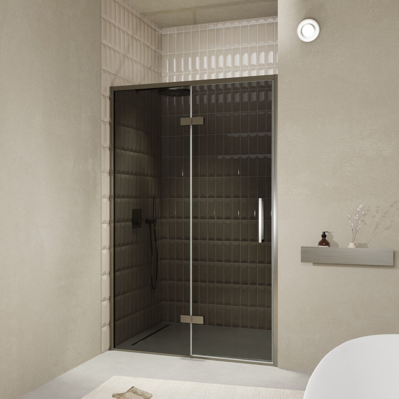 Balmani Senses Design porte pivotante à gauche 140 cm x 210 cm verre fumé, Profil Brushed GunMetal, coating inclus