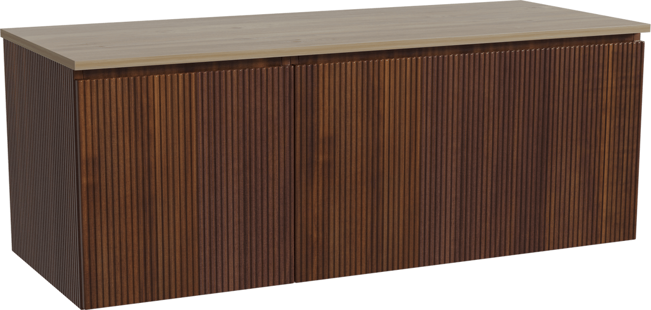 Storke Ribs zwevend badmeubel 130 x 52 cm notenhout met Panton enkel of dubbel wastafelblad in melamine ruw eiken, Verticale symmetrische rechte ribbel