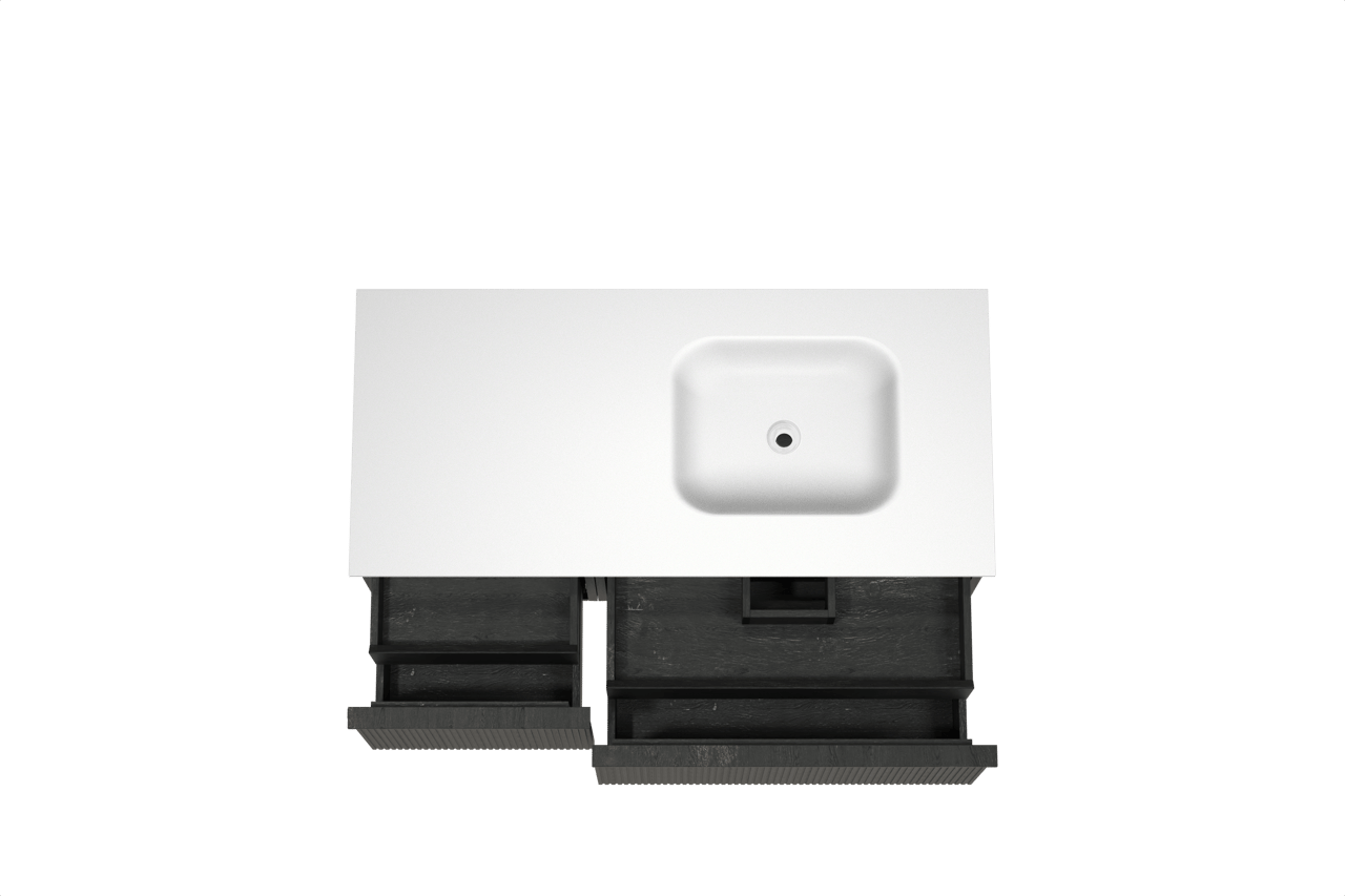 Balmani Forma hängendes Möbelstück Set: 120 x 55 cm, Schwarze Eiche, mit Tablo Arcato Waschtisch rechts, Solid Surface, Weiß matt, Vertikale symmetrische gerade Rippe