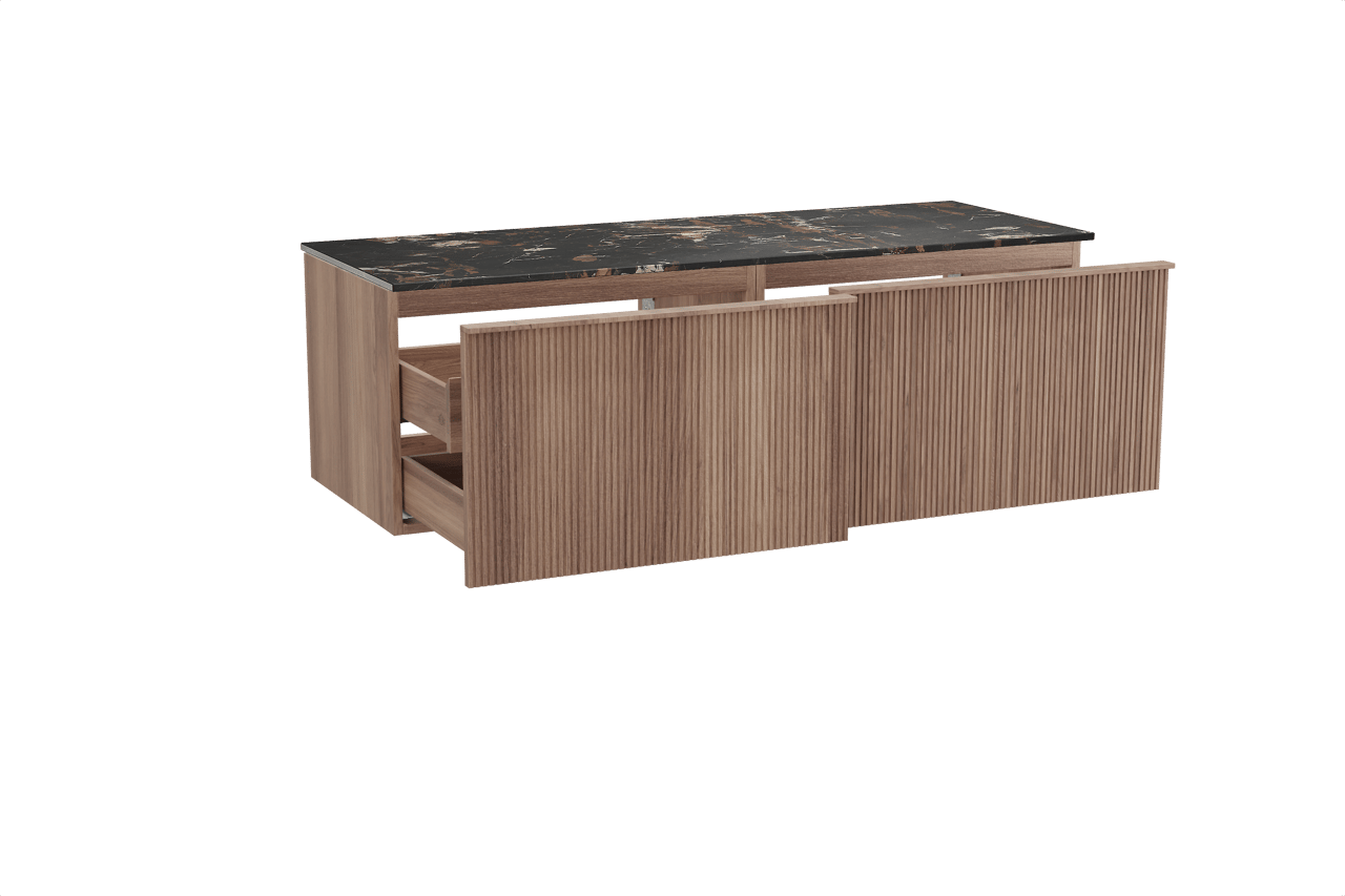 Balmani Forma meuble salle de bains suspendu 150 x 55 cm teck avec Stretto tablette simple ou double en marbre portoro gold, Nervure droite symétrique verticale