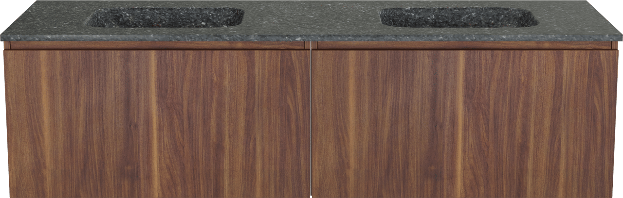 Balmani Sfera zwevend badmeubel 180 x 55 cm amerikaans notenhout met Tablo Arcato dubbele wastafel in zwart graniet