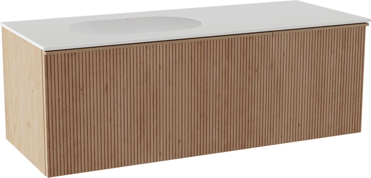 Balmani Forma hängendes Möbelstück Set: 135 x 55 cm, Naturbelassene Eiche, mit Tablo Oval Waschtisch links, Solid Surface, Weiß matt, Vertikale symmetrische gerade Rippe