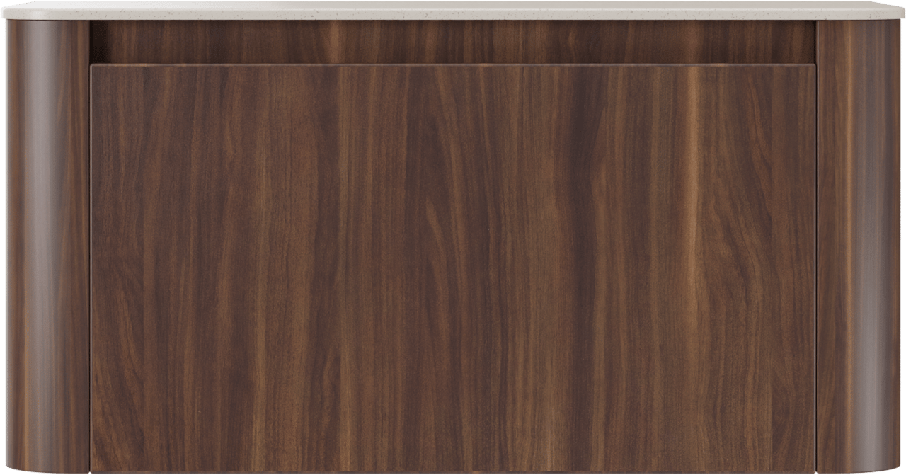 Storke Soft zwevend badkamermeubel 100 x 46 cm notelaar met Tavola Soft enkele tablet in solid surface beige granita