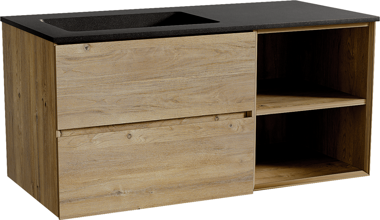 Storke Edge zwevend badmeubel 110 x 52 cm ruw eiken met Scuro asymmetrisch linkse wastafel in kwarts mat zwart