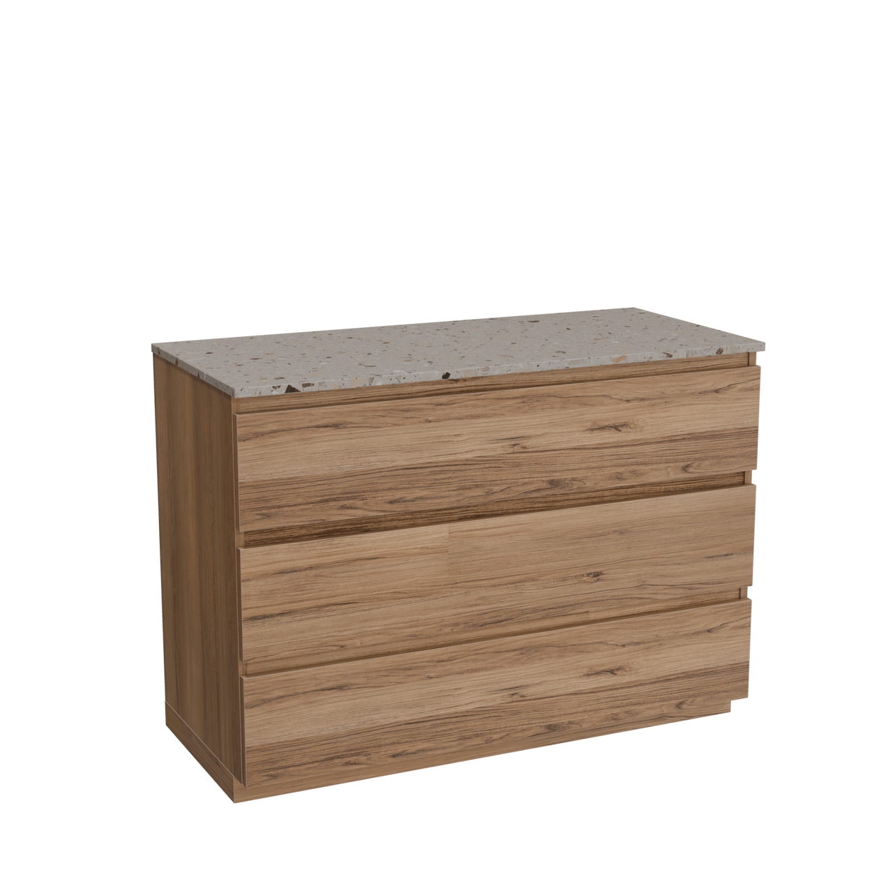 Balmani Lucida freistehendes Möbelstück Set: 120 x 55 cm, Teak, mit Stretto Einzel- oder Doppel Waschtischplatte, Terrazzo in Greige