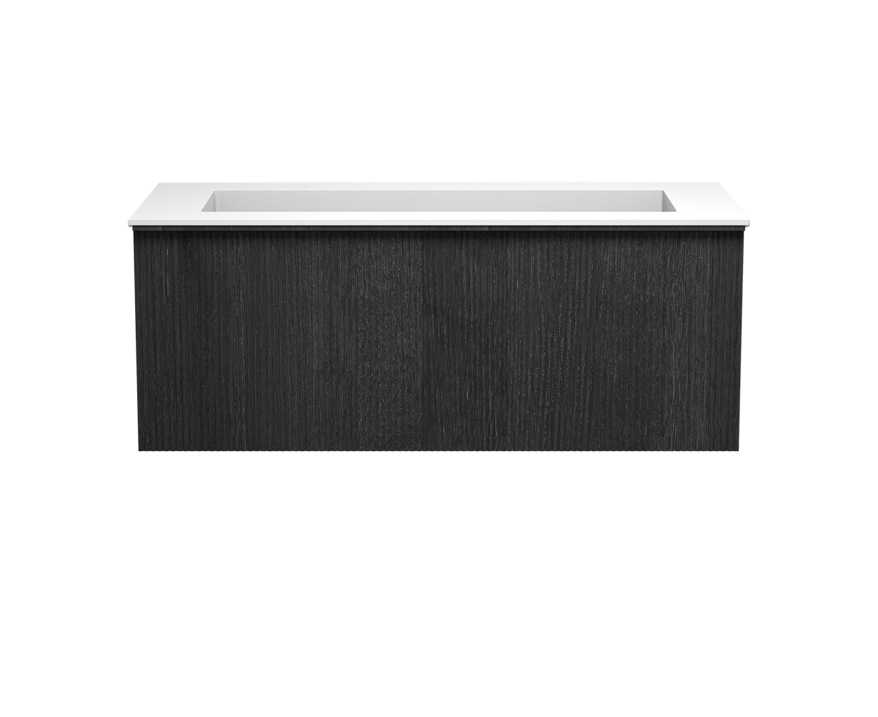 Balmani Forma zwevend badkamermeubel 120 x 55 cm zwarte eik met Tablo Stretto enkele wastafel voor 2 kraangaten in solid surface mat wit, Verticale symmetrische rechte ribbel