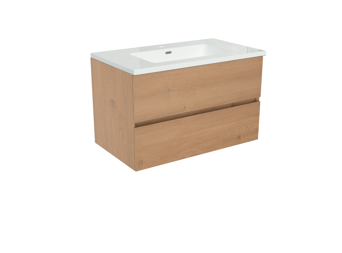 Storke Edge hängendes Möbelstück Set: 80 x 46 cm, Rohe Eiche, mit Diva Einzelwaschtisch, Marmorkomposit Weiß glänzend