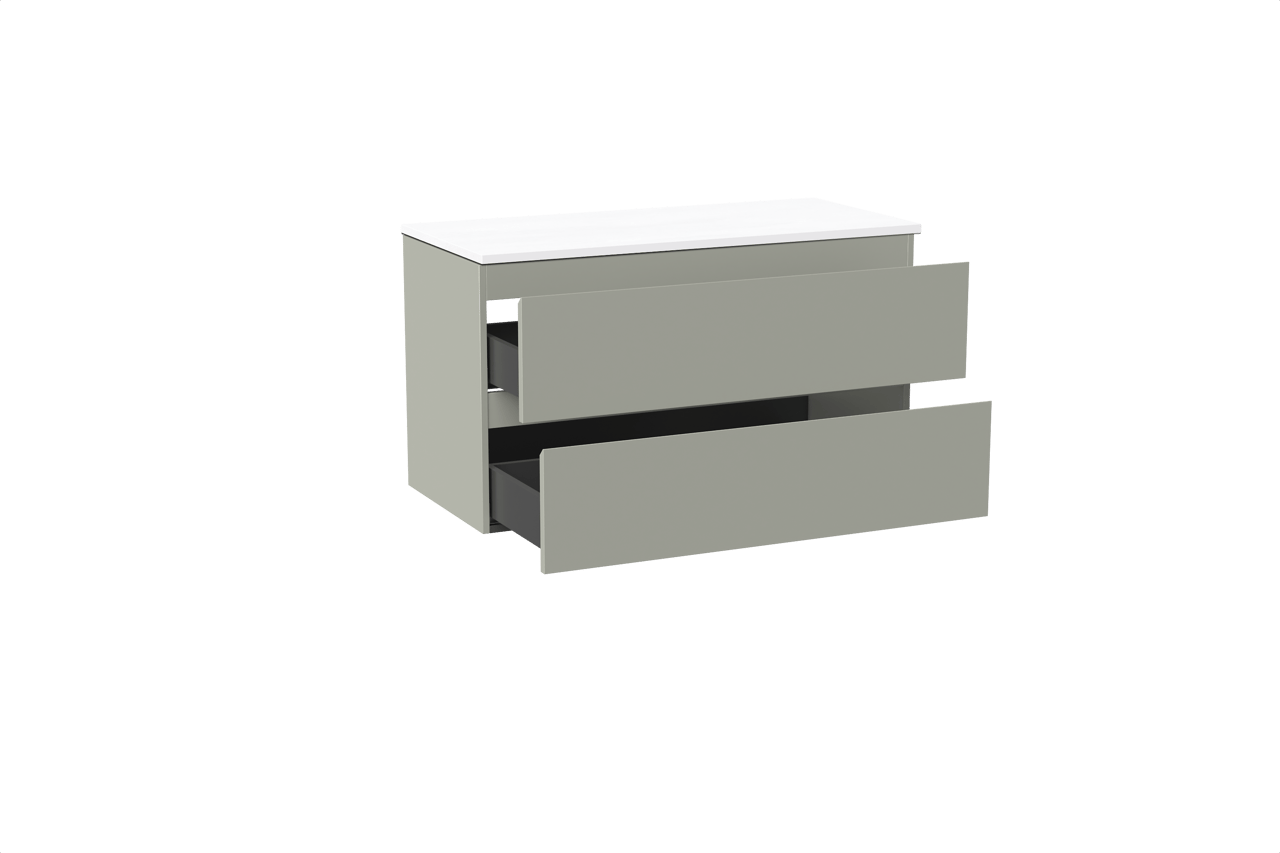 Linie Lado hängendes Möbelstück Set: 100 x 46 cm, Greige, mit Lado Einzel- oder Doppel Waschtischplatte, Marmorkomposit Weiß glänzend