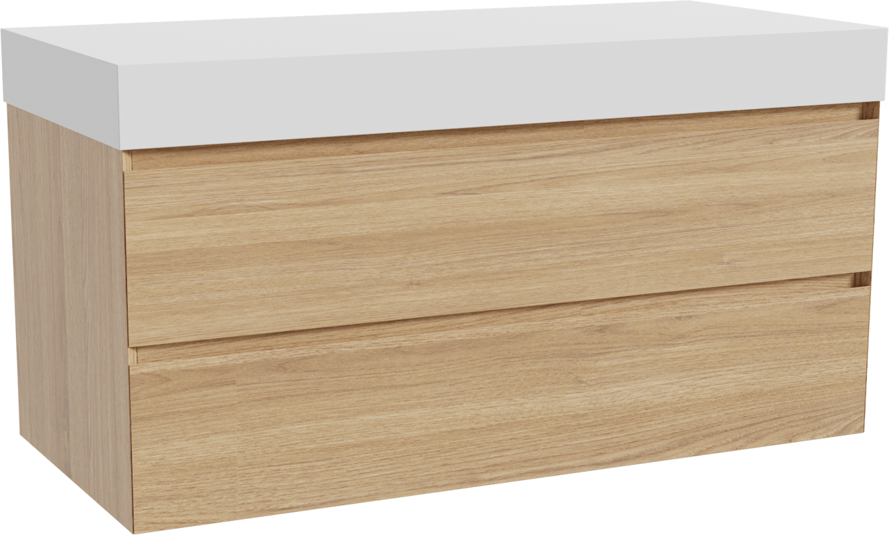 Balmani Mitra meuble salle de bains suspendu 120 x 55 cm chêne naturel avec Dominus tablette simple ou double en solid surface blanc mat