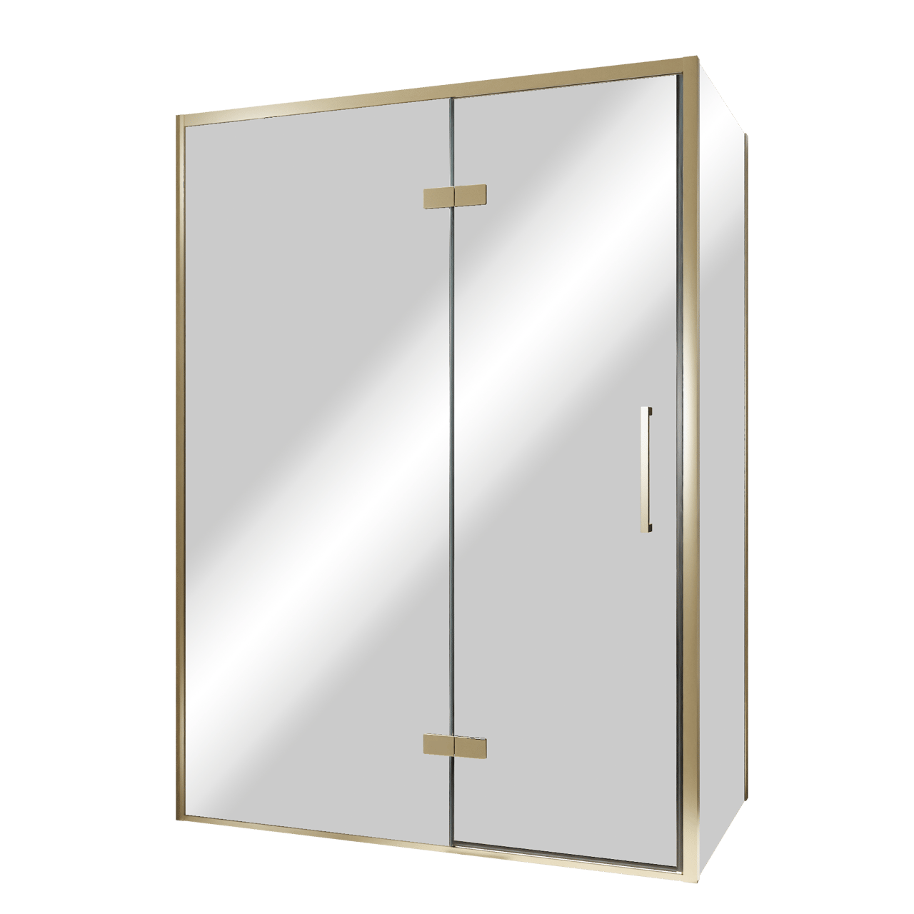 Balmani Senses Design douche en coin avec porte pivotante à gauche et paroi latérale fixe, 140 x 90 cm, Miroir Reflex, Profil Brushed Champagne Gold, coating inclus
