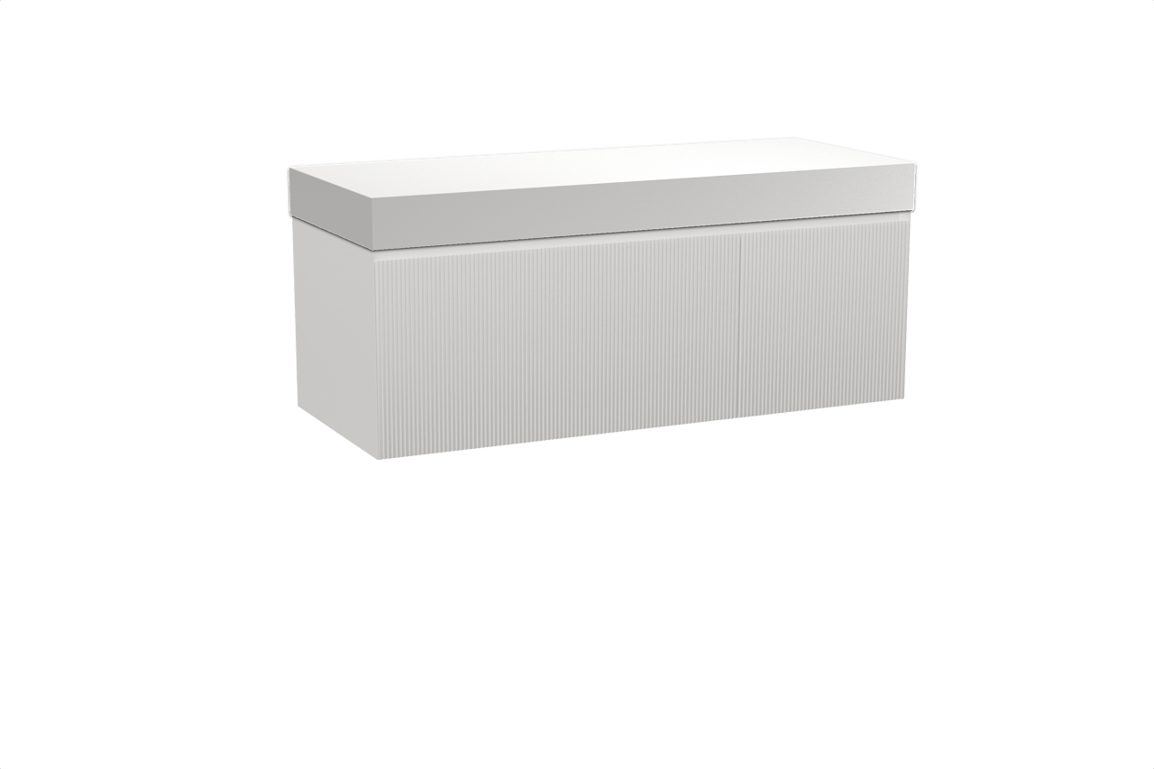 Balmani Fila hängendes Möbelstück Set: 135 x 55 cm, Weiß matt, mit Dominus Einzel- oder Doppel Waschtischplatte, Solid Surface, Weiß matt, Vertikale symmetrische gerade Rippe