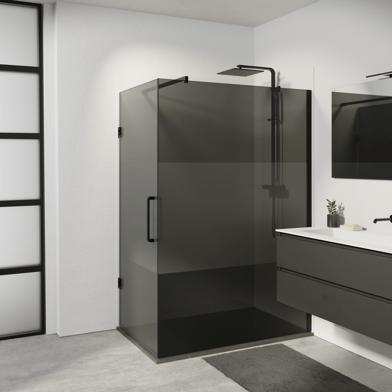 Balmani Modular douchehoek met draaideur met vaste zijwand 136 x 84 cm grijs glas met matte strook en mat zwart profiel