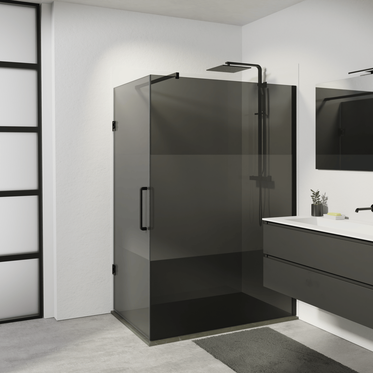 Balmani Modular douchehoek met draaideur met vaste zijwand 136 x 84 cm grijs glas met matte strook en mat zwart profiel