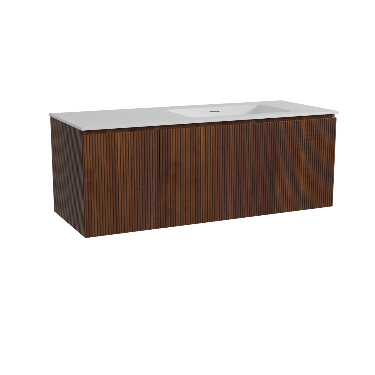 Storke Ribs zwevend badkamermeubel 130 x 52 cm notelaar met Mata asymmetrisch rechtse wastafel in solid surface mat wit, Verticale symmetrische rechte ribbel