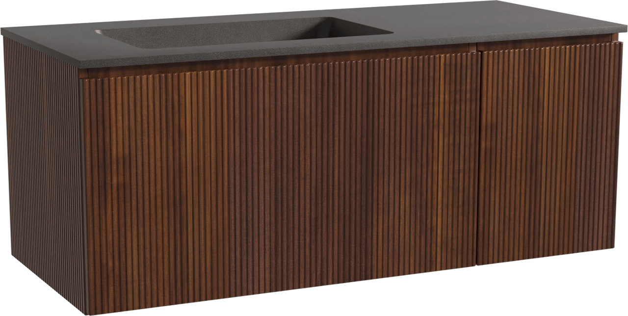 Storke Ribs zwevend badmeubel 120 x 52 cm notenhout met Scuro asymmetrisch linkse wastafel in kwarts mat zwart, Verticale symmetrische rechte ribbel