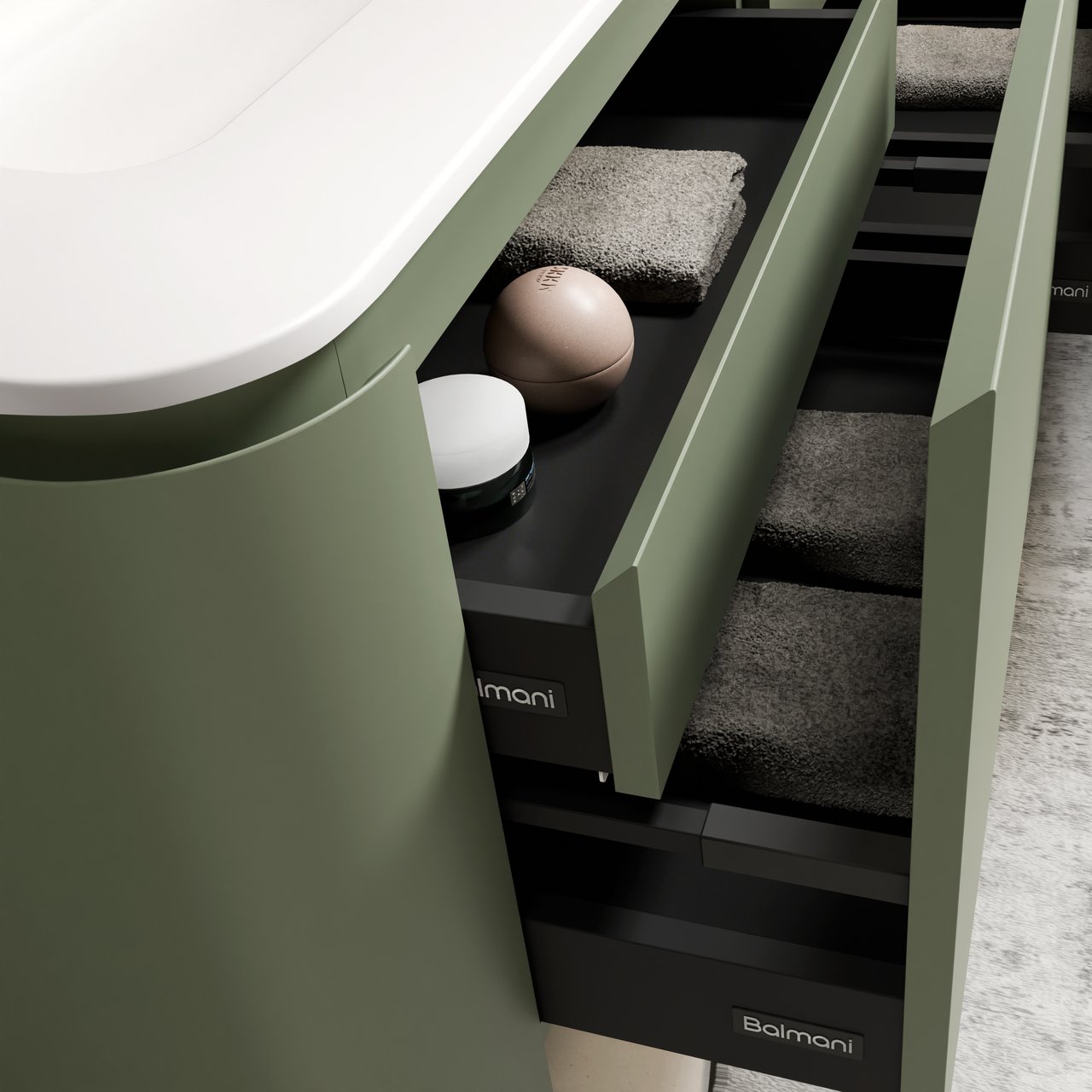 Balmani Moon zwevend badkamermeubel 130 x 55 cm saliegroen met Moon enkel of dubbel tablet in solid surface mat wit