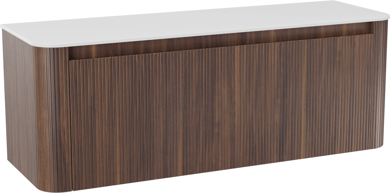 Storke Soft meuble salle de bains suspendu 140 x 46 cm noyer avec Tavola Soft tablette simple ou double vasque en Solid Surface blanc mat, Nervure droite symétrique verticale