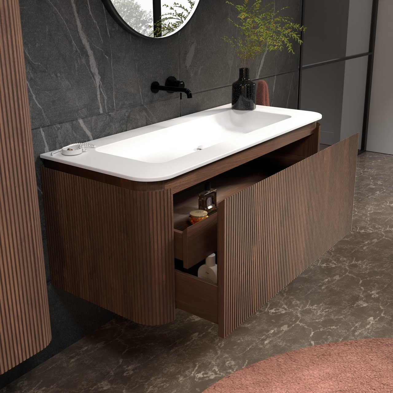 Balmani Moon meuble salle de bains suspendu 130 x 55 cm noyer américain avec Moon tablette simple ou double en solid surface blanc mat, Nervure droite symétrique verticale