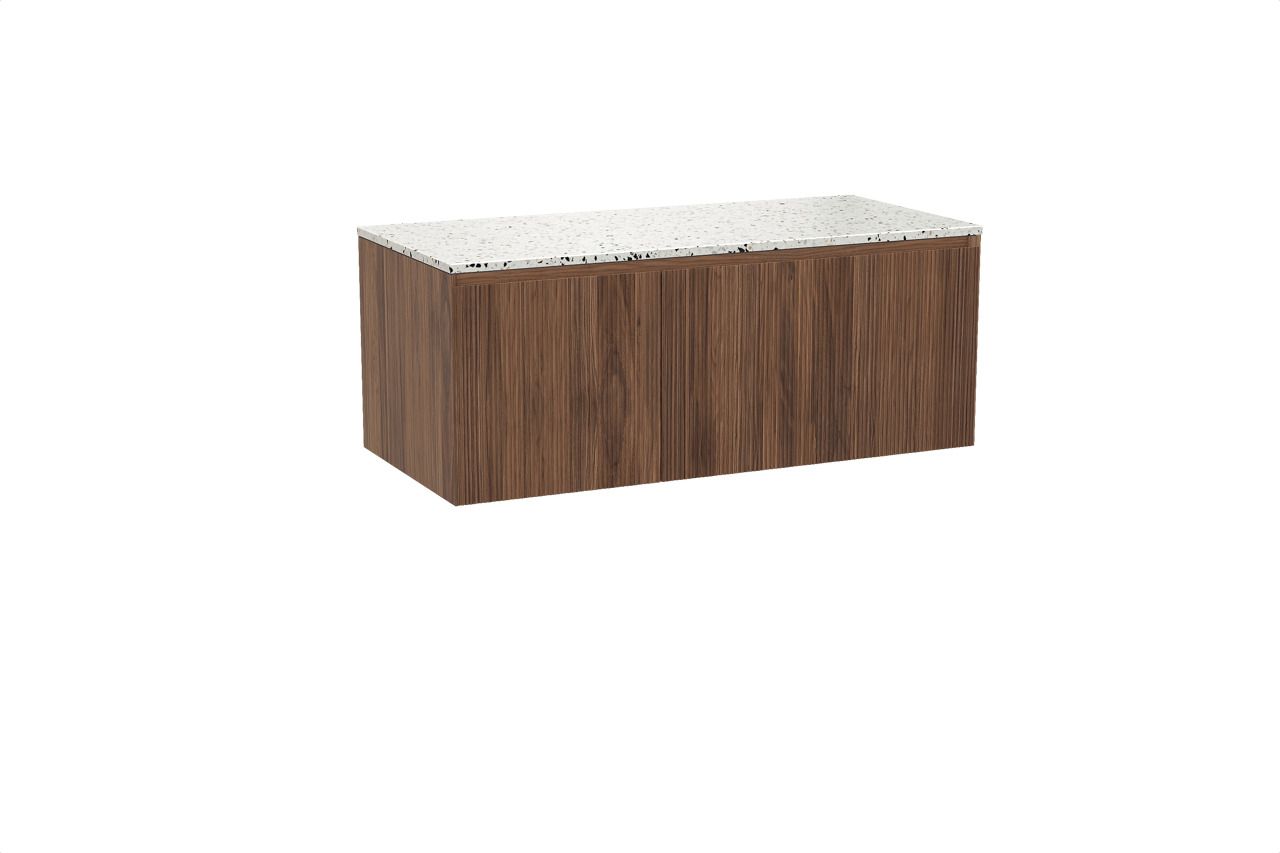 Balmani Fila hängendes Möbelstück Set: 120 x 55 cm, Nussbaum, mit Stretto Einzel- oder Doppel Waschtischplatte, Terrazzo in Weiß/Schwarz matt, Vertikale symmetrische gerade Rippe