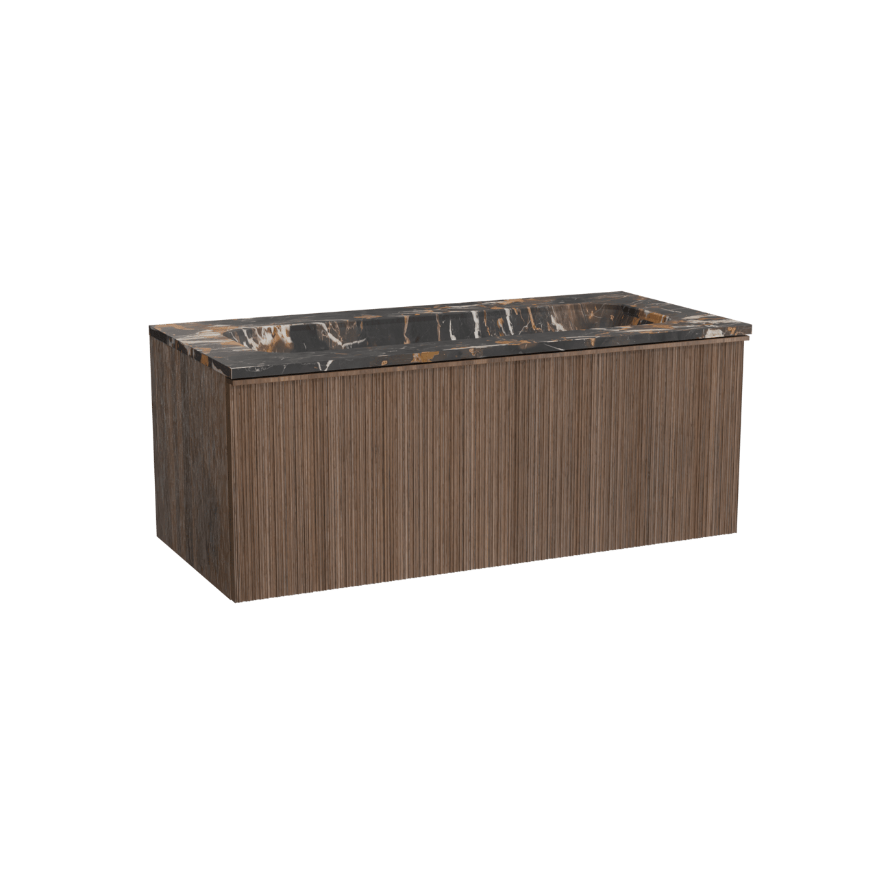 Balmani Forma hängendes Möbelstück Set: 120 x 55 cm, Amerikanischer Nussbaum, mit Tablo Arcato Einzelwaschtisch für 2 Armaturenlöcher, Marmor, Portoro Gold, Vertikale asymmetrische Runde Rippe