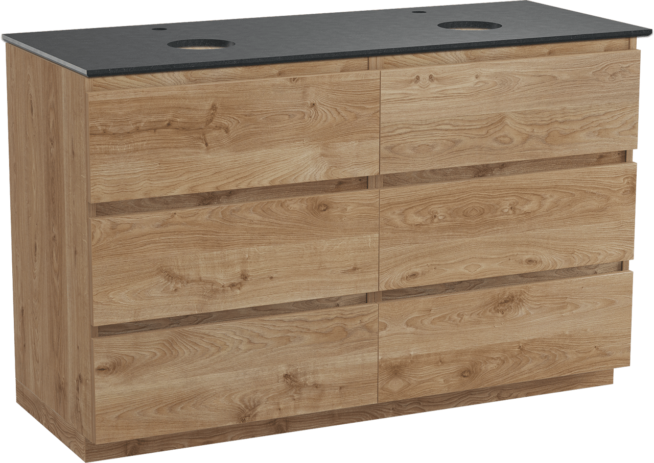Balmani Lucida freistehendes Möbelstück Set: 135 x 55 cm, Rohe Eiche, mit Facetta Doppel Waschtischplatte, Schwarzes Granit