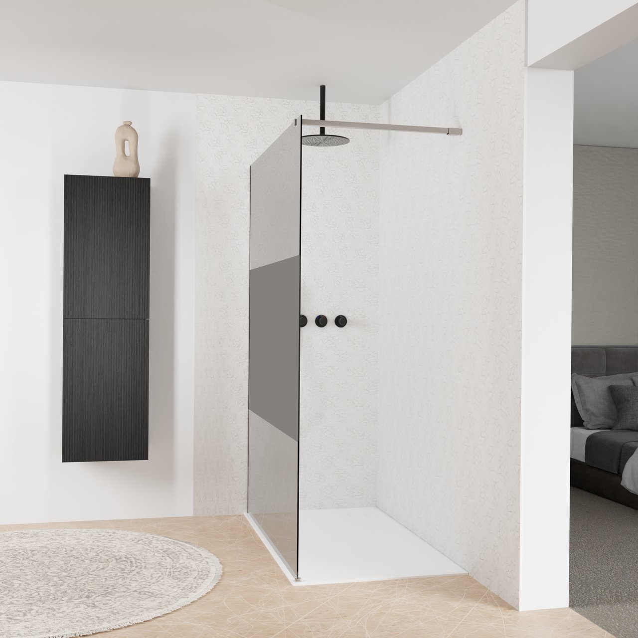Balmani Modular inloopdouche: 140 x 200 cm, Rookglas met matte strook, Brushed Inox profielen