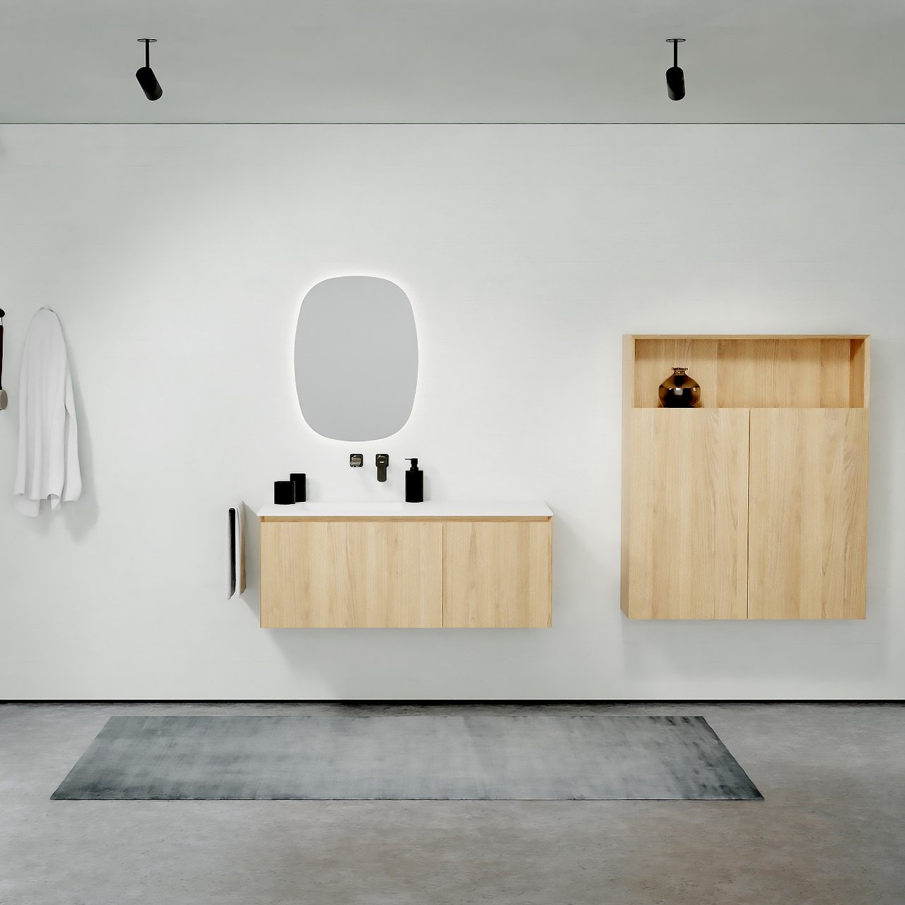 Balmani Idra meuble salle de bains suspendu 120 x 55 cm chêne naturel avec Tablo Arcato plan vasque asymétrique à gauche en solid surface blanc mat